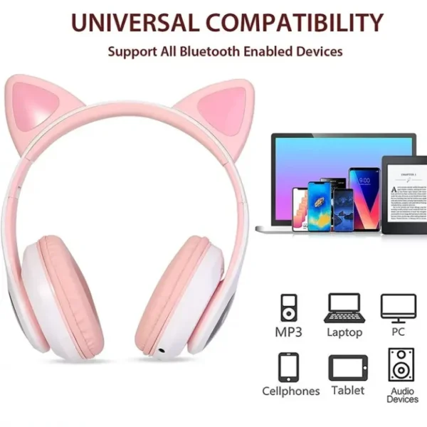 Headphones for Toddler Boy Girl Teen Children w/Microphone for Phone/Laptop/HeadKids Headphones, Cat Ear Wireless Headphones, LED Light Up Bluetooth Over On Ear Pink phones gift for girls| beautiful head phone for girls Headphones for girls| Headphone - Image 8