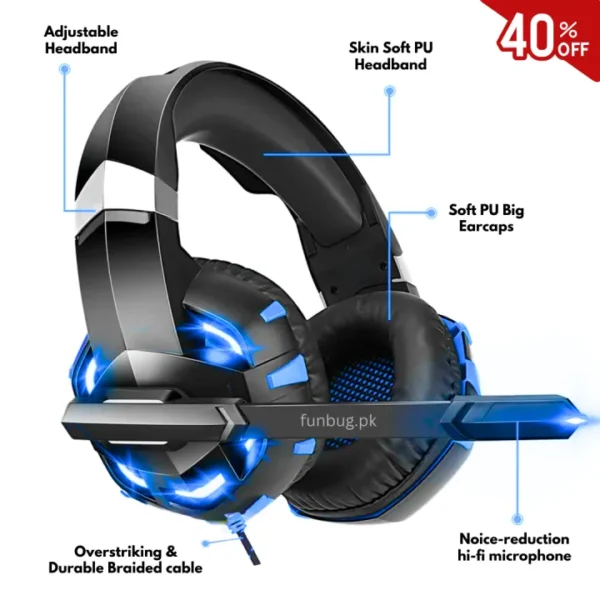 K2 PRO Gaming Headphones with Noise Reducing Microphone ~ Black Camouflage Headset with Hi-Fi Subwoofer Stereo Sound with Bass for Mobile, PC, Laptop, Computer, PlayStation4, Xbox ~ Noise Cancelling PS4 Headphone with Mic - USB + 3.5mm Wire ~ By FunBug - Image 3