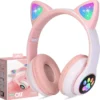 Headphones for Toddler Boy Girl Teen Children w/Microphone for Phone/Laptop/HeadKids Headphones, Cat Ear Wireless Headphones, LED Light Up Bluetooth Over On Ear Pink phones gift for girls| beautiful head phone for girls Headphones for girls| Headphone