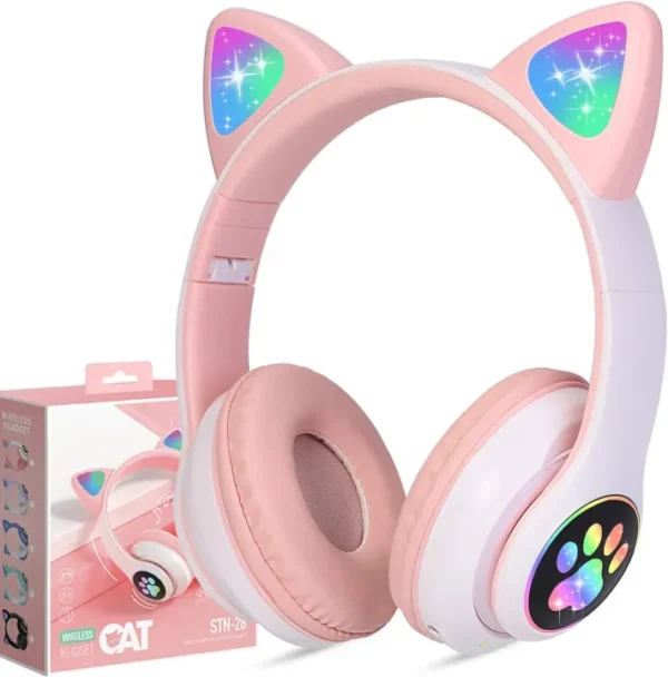 Headphones for Toddler Boy Girl Teen Children w/Microphone for Phone/Laptop/HeadKids Headphones, Cat Ear Wireless Headphones, LED Light Up Bluetooth Over On Ear Pink phones gift for girls| beautiful head phone for girls Headphones for girls| Headphone