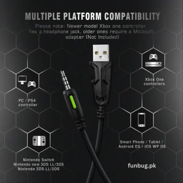 K2 PRO Gaming Headphones with Noise Reducing Microphone ~ Black Camouflage Headset with Hi-Fi Subwoofer Stereo Sound with Bass for Mobile, PC, Laptop, Computer, PlayStation4, Xbox ~ Noise Cancelling PS4 Headphone with Mic - USB + 3.5mm Wire ~ By FunBug - Image 8